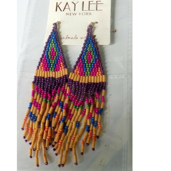 Kay Lee New York Jewelry - Beaded Earrings 5" long Hooks Handmade in USA